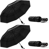 Two black travel umbrellas, both shown as open and closed. 