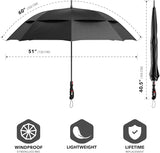 The Golf Oversized Umbrella in Black is shown in its open and closed/wrapped states. This photo represents the size guide. The open umbrella has labels showing a 60" (152cm) canopy and a 51" (132cm) width. 

On the closed and wrapped umbrella to the right, a label denotes a 40.5" (103cm) height.