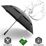 A large repel umbrella leans to the right with a splash of water graphic demonstrating the water repellency and  fast drying canopy of repel umbrellas due to innovative technology. 

There are three badges at the bottom of the graphic: from left to right: waterproof, Teflon and dries instantly.