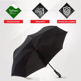 The Repel Umbrella in Black is opened and leaned to the left. Atop the image are three badges and labels underneath. From left to right: Teflon Shield Fabric Protector and a label that says Teflon Coating, next a Wind Icon with the label that says Windproof, and finally, a shield icon that says Lifetime Replacement 