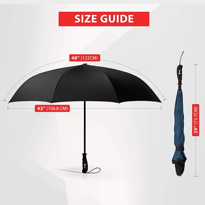 The Reverse Umbrella in Navy is shown in its open and closed/wrapped states. This photo represents the size guide. The open umbrella has labels showing a 48" (122cm) canopy and a 42" (106.8cm) width. 

On the closed and wrapped umbrella to the right, a label denotes a 29" (73.7cm) height.