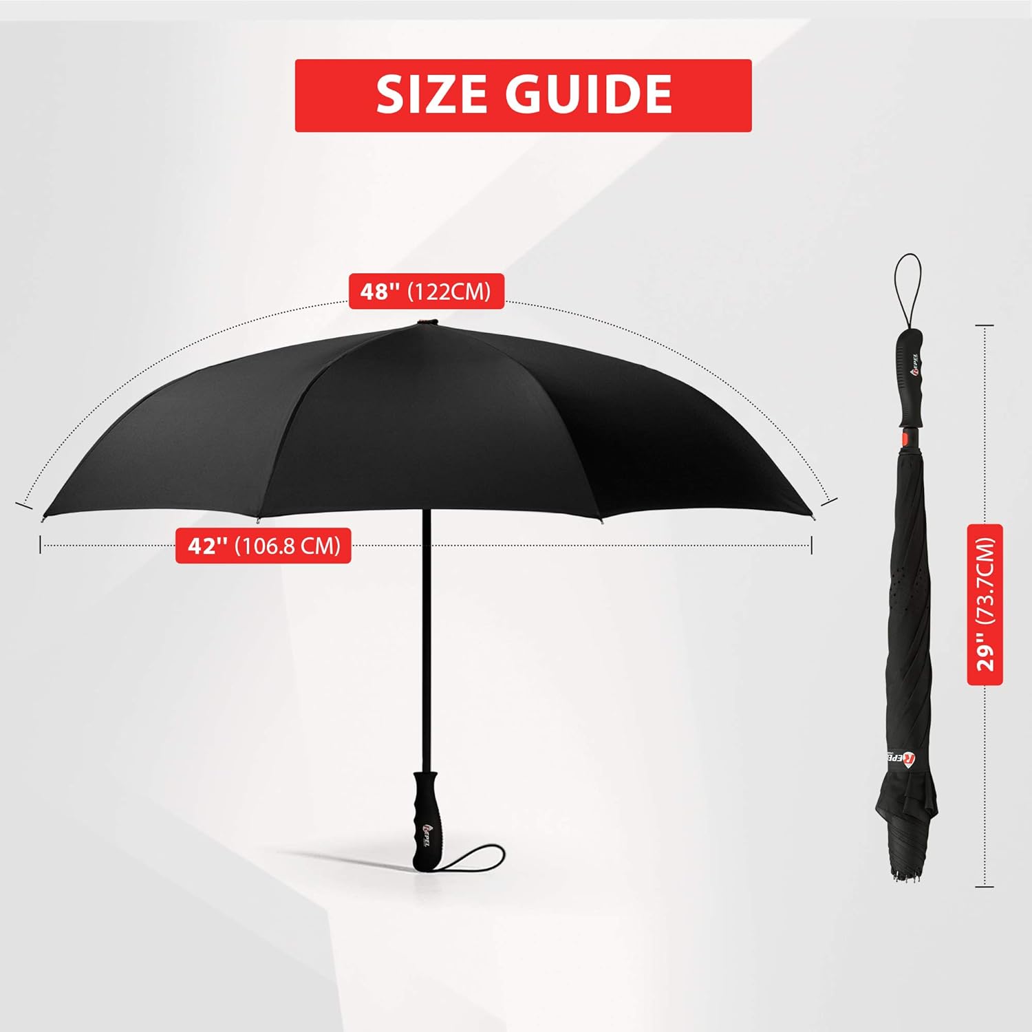 The Reverse Umbrella in Black is shown in its open and closed/wrapped states. This photo represents the size guide. The open umbrella has labels showing a 48" (122cm) canopy and a 42" (106.8cm) width. 

On the closed and wrapped umbrella to the right, a label denotes a 29" (73.7cm) height.