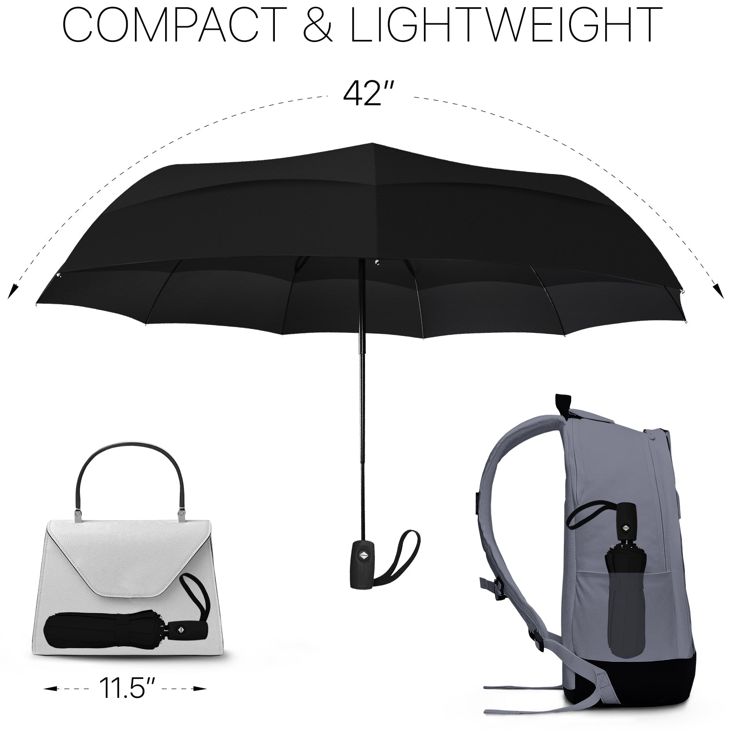 Windproof Travel Umbrella - Compact, Automatic, Black