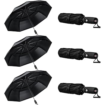 Three black umbrellas in open and closed positions on a white background.