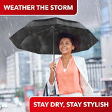 Person holding an umbrella with text "Weather The Storm" and "Stay Dry, Stay Stylish" against a rainy backdrop.