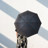 a photo of a person standing and looking away from the camera with an open umbrella angled with the canopy exterior pointed at the camera. 