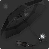 An image of a black umbrella open and one that is closed. There are 4 icons on the image portraying different aspects of the umbrella with the auto open and close feature highlighted. 