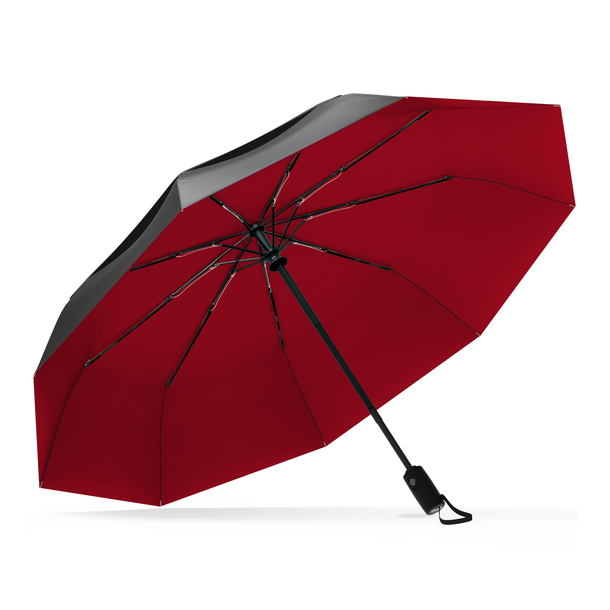 The Black and Red Best-Selling Windproof Compact Travel Umbrella is pictured on it's own, open and leaning to the left.