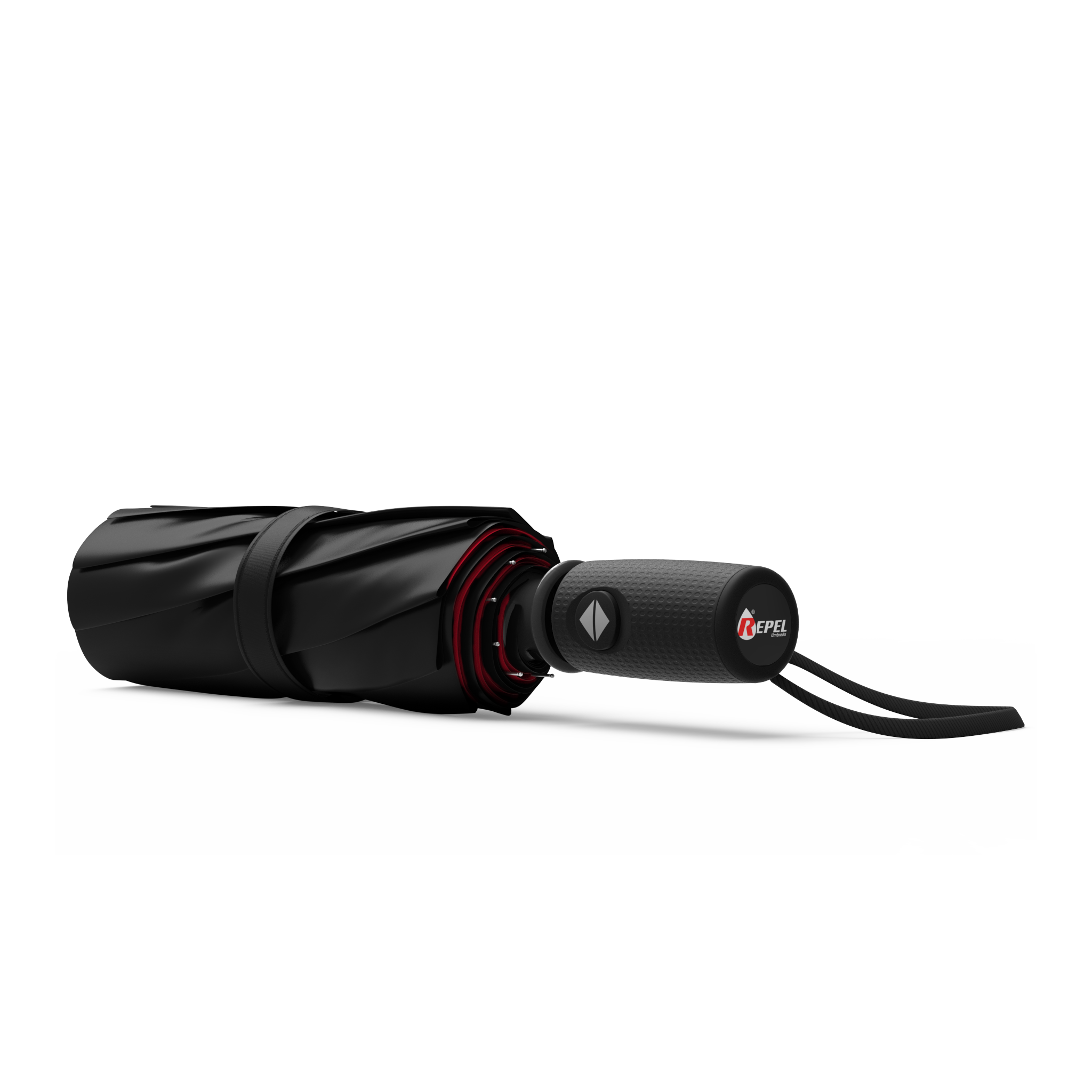 An image of a closed, black and red colored travel Repel umbrella. 