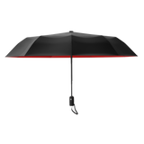 An image of the profile view of a black and red colored, open travel Repel umbrella.