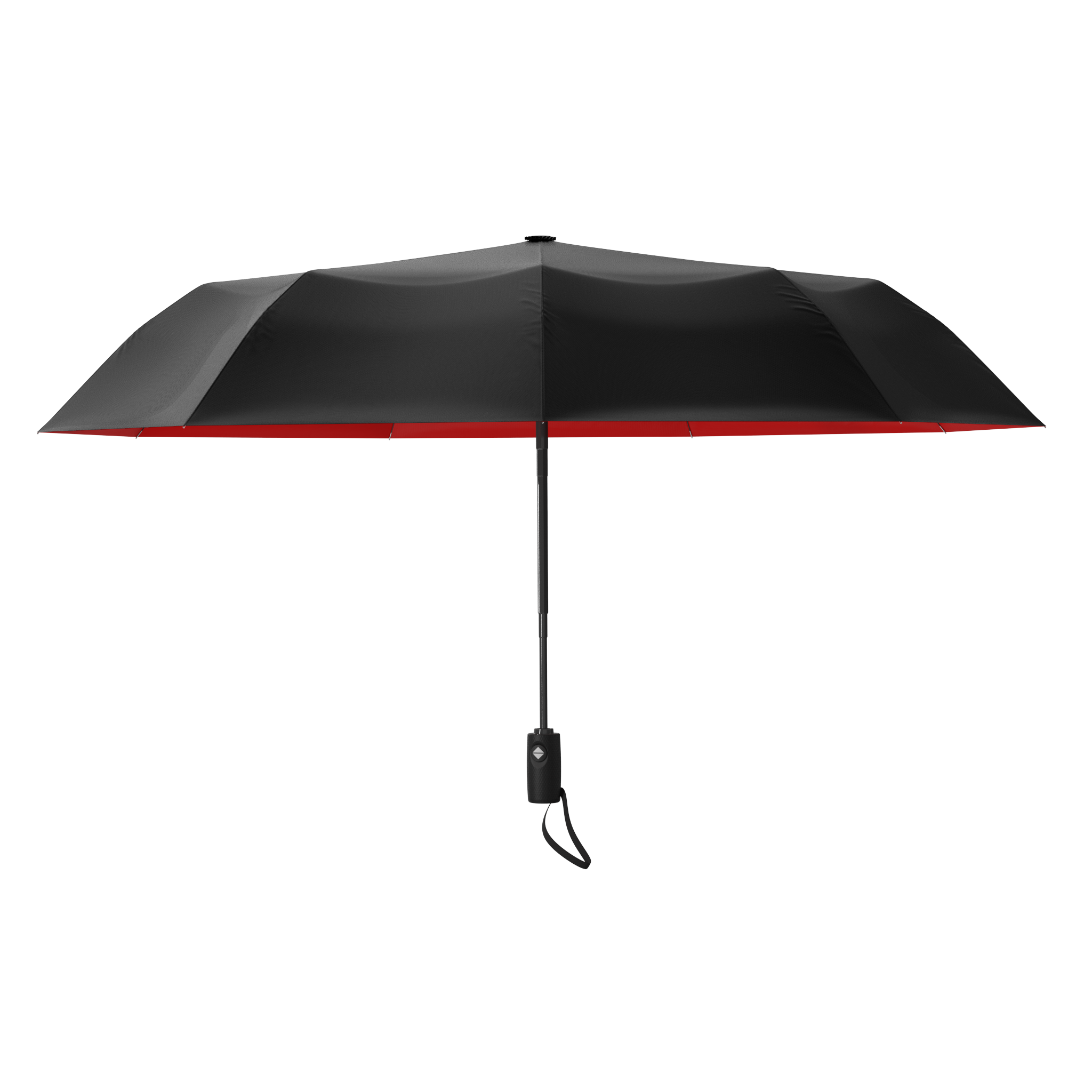 An image of the profile view of a black and red colored, open travel Repel umbrella.