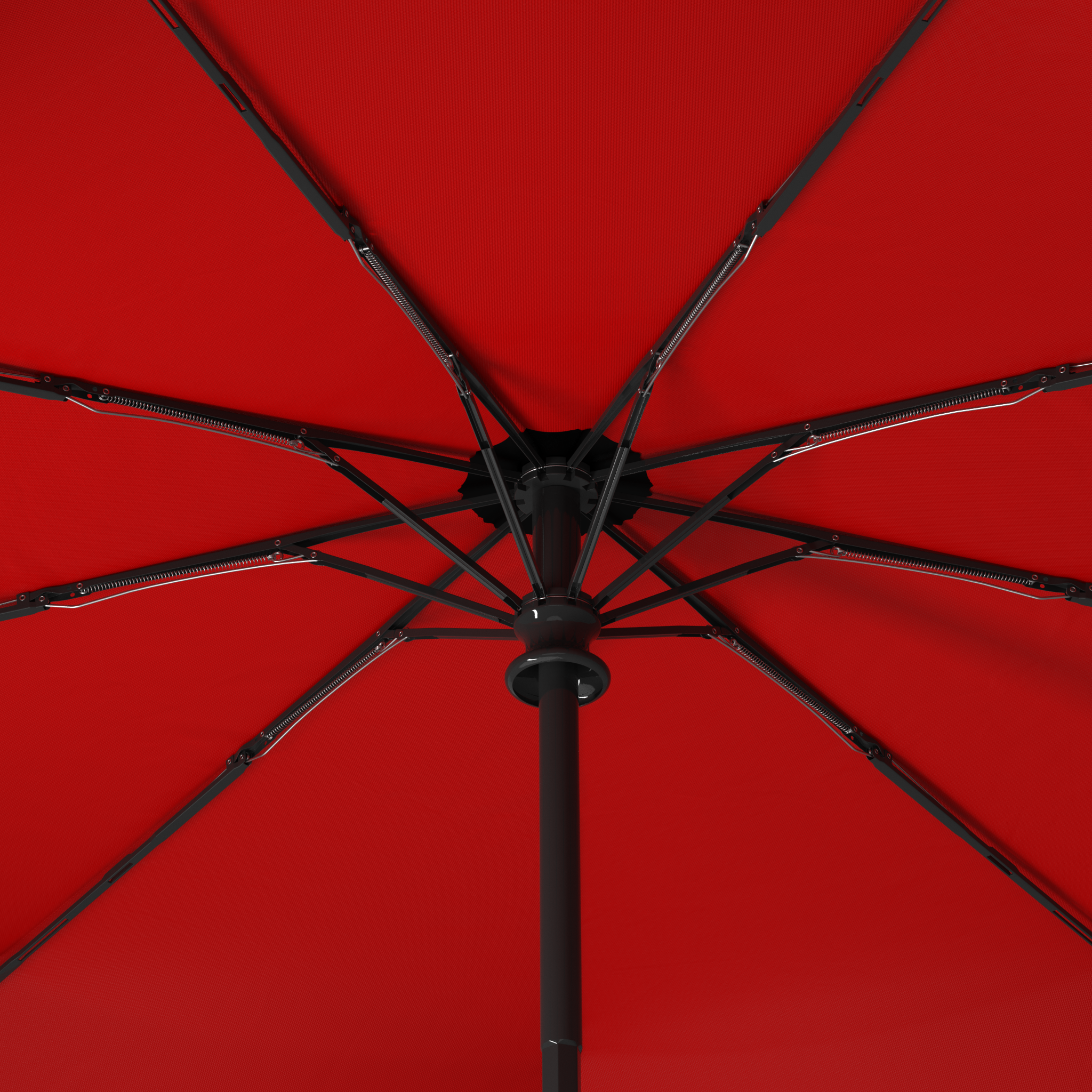 A zoomed in shot of the reinforced fiberglass frame and ribs of the repel windproof automatic and compact best seller umbrella by Repel Umbrella in red and black, where the interior is a bold red