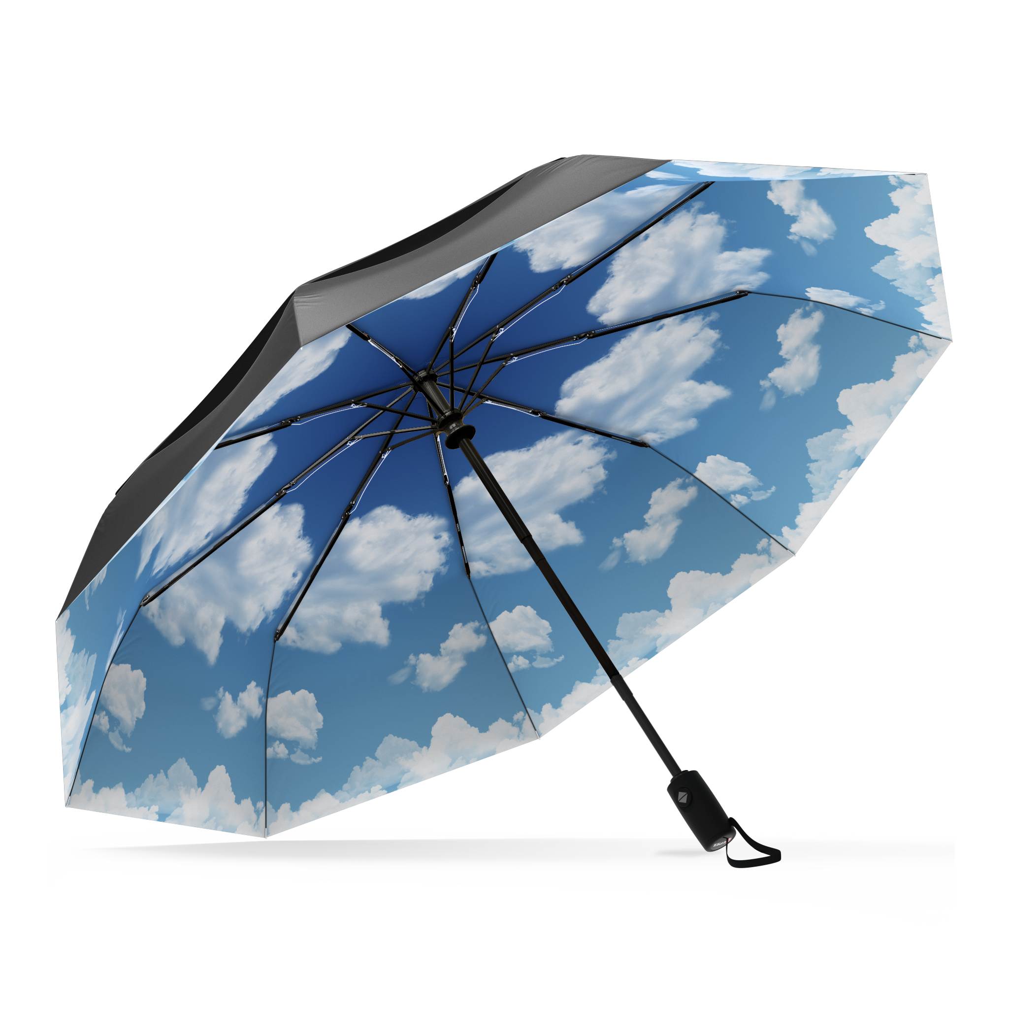 The Blue Sky Top Best-Selling Windproof Compact Travel Umbrella is pictured on it's own, open and leaning to the left. The Canopy is black and the interior shows off the blue sky motif.