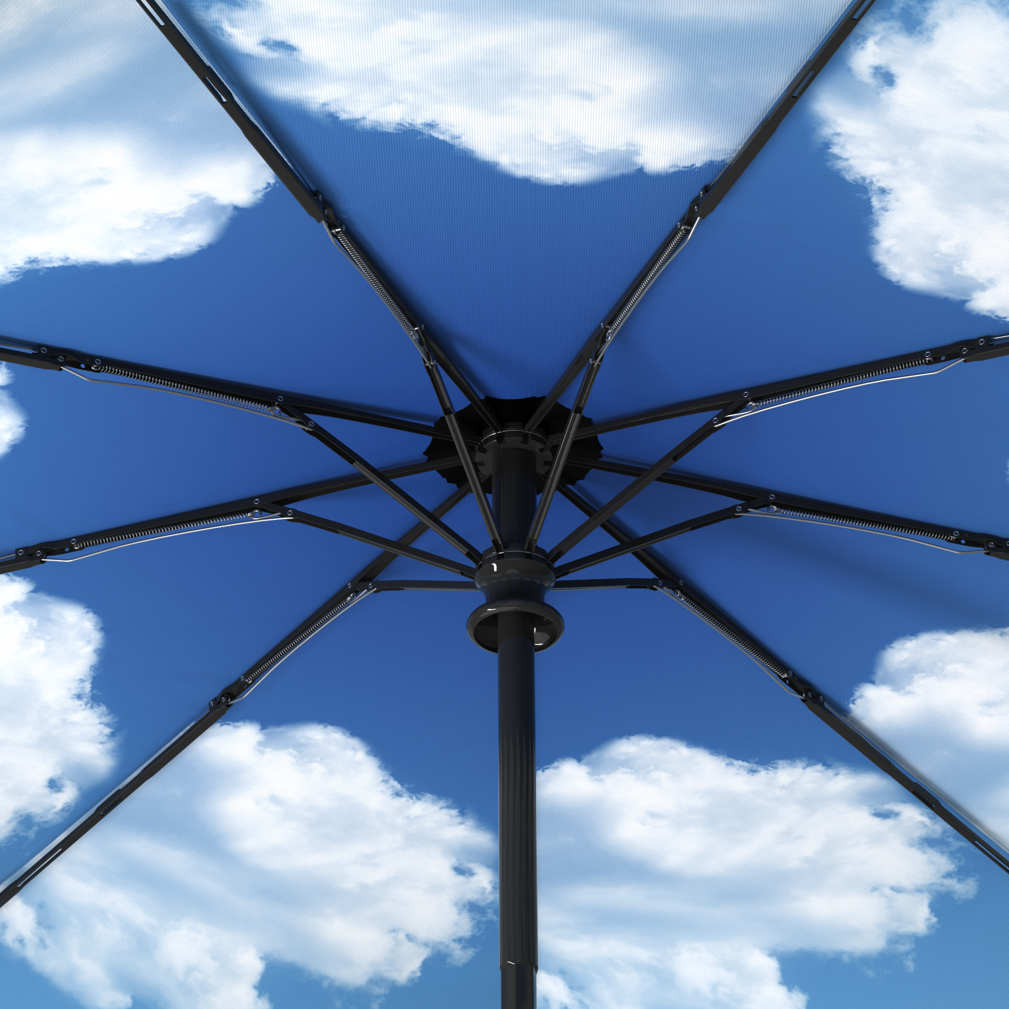 A zoomed in shot of the reinforced fiberglass frame and ribs of the repel windproof automatic and compact best seller umbrella by Repel Umbrella with a blue sky motif