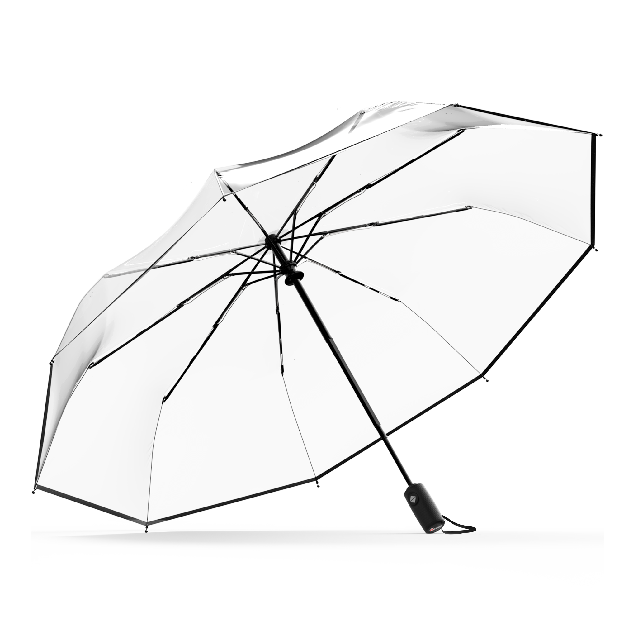 The Clear Top Best-Selling Windproof Compact Travel Umbrella is pictured on it's own, open and leaning to the left.