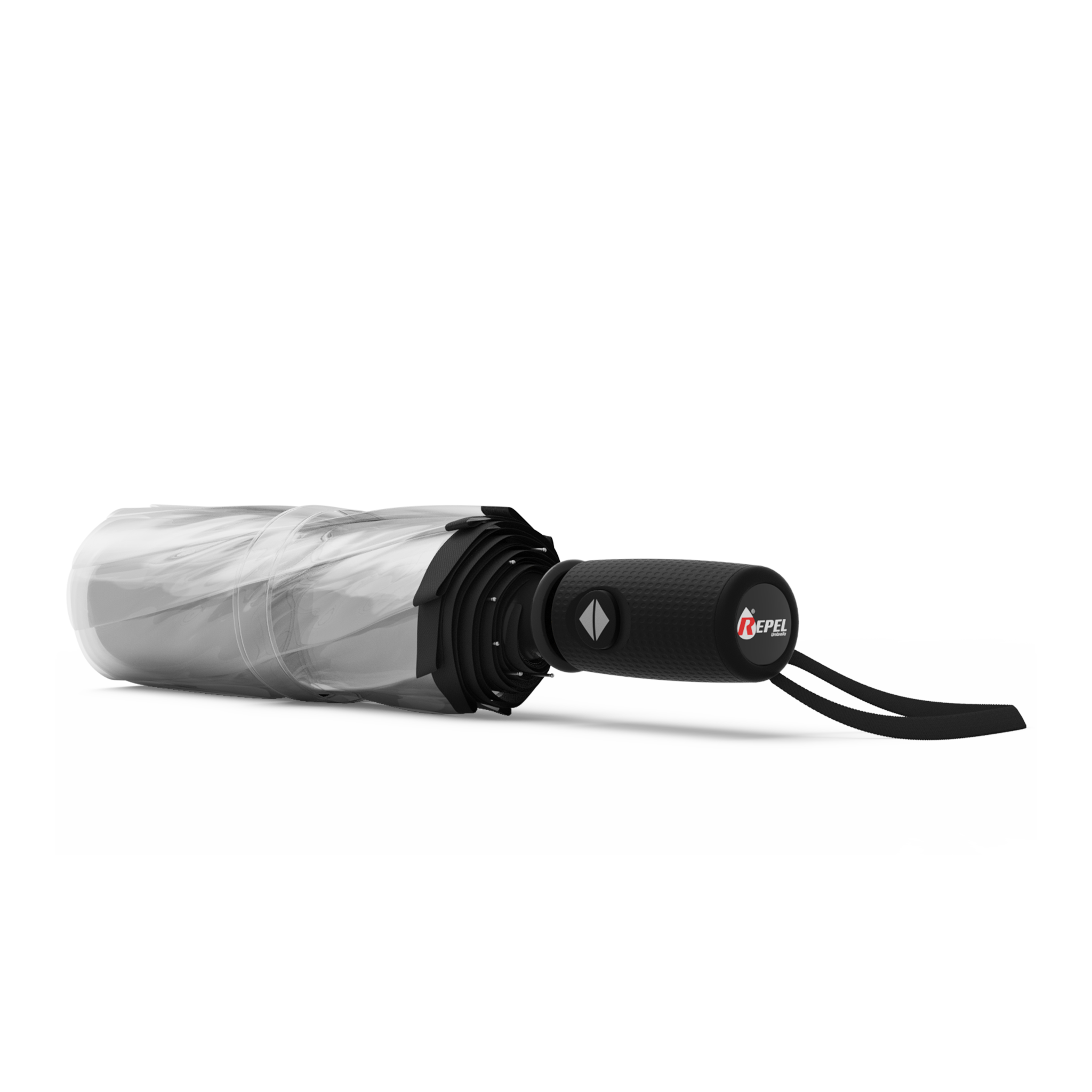 An image of a closed, clear top travel Repel umbrella. 