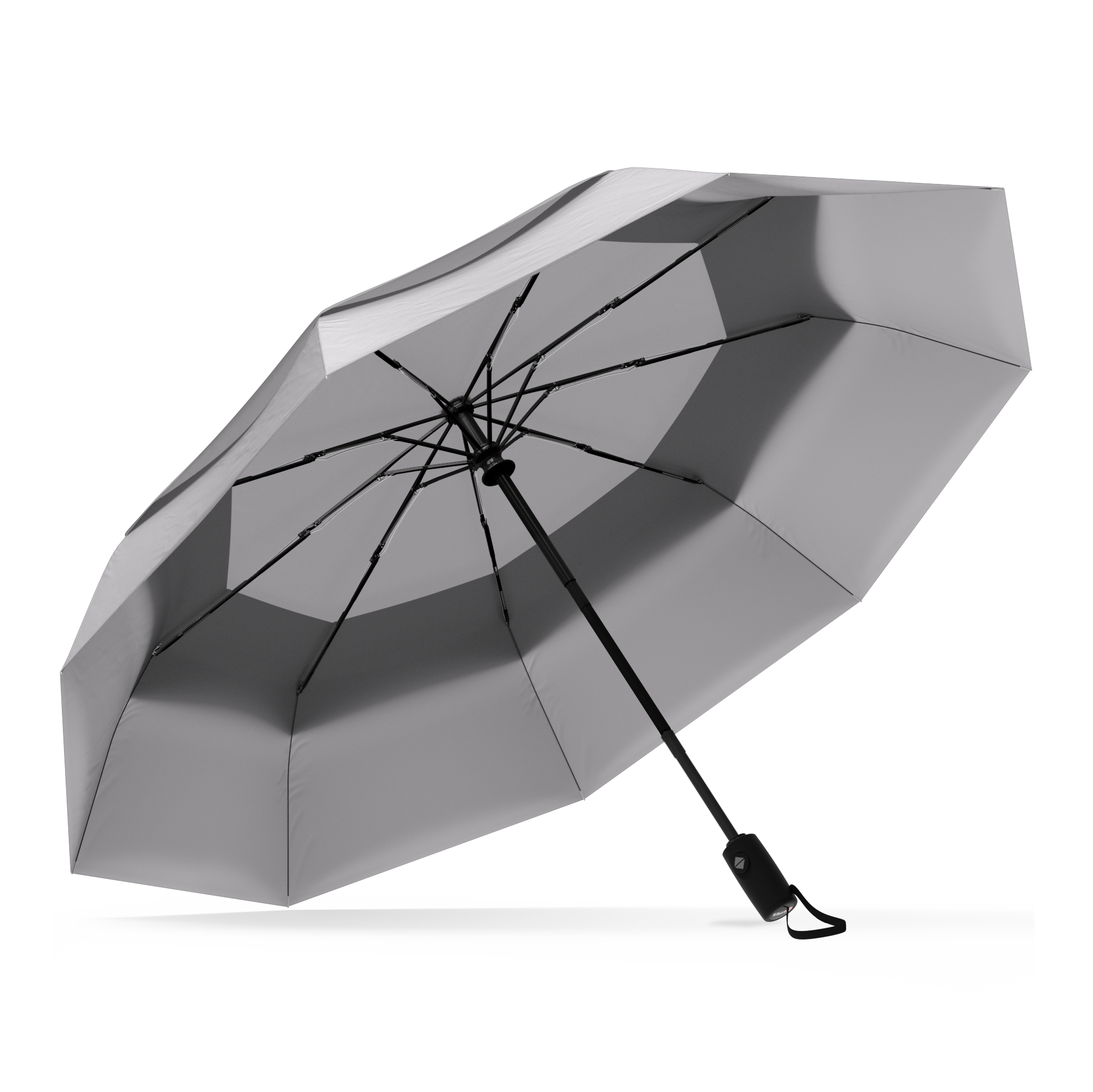 The GreyTop Best-Selling Windproof Compact Travel Umbrella is pictured on it's own, open and leaning to the left. 