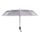 An image of the profile view of a grey colored, open travel Repel umbrella.