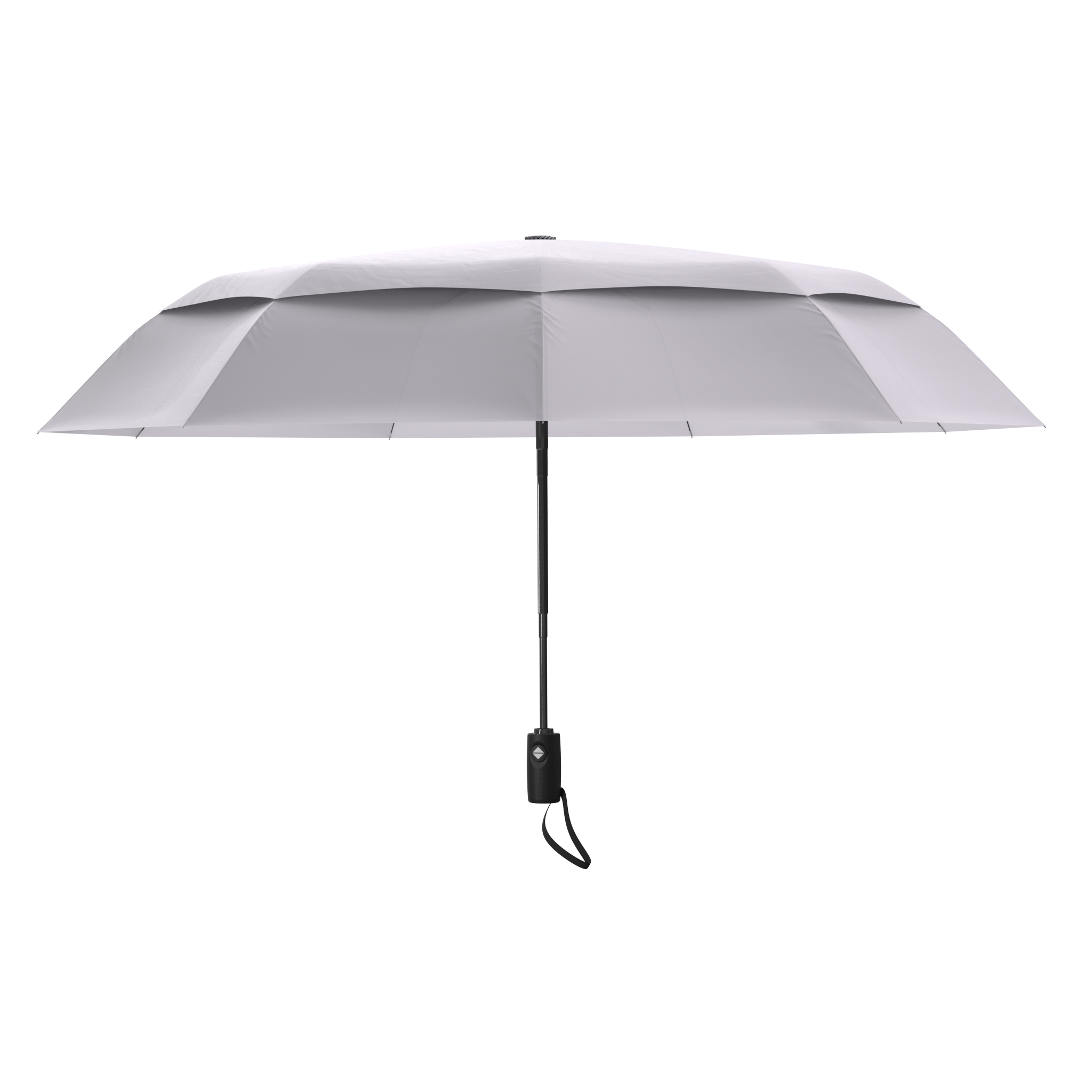 An image of the profile view of a grey colored, open travel Repel umbrella.