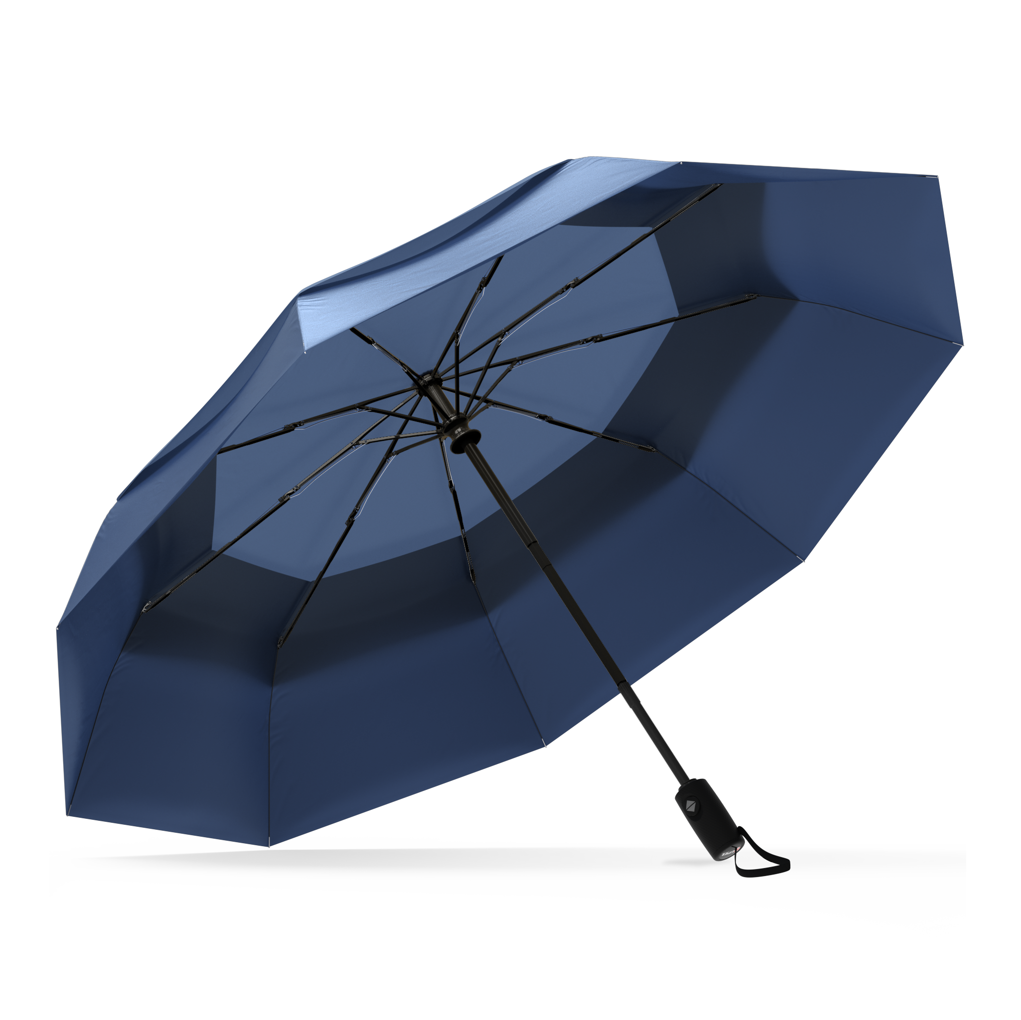 The Navy Blue Top Best-Selling Windproof Compact Travel Umbrella is pictured on it's own, open and leaning to the left. 