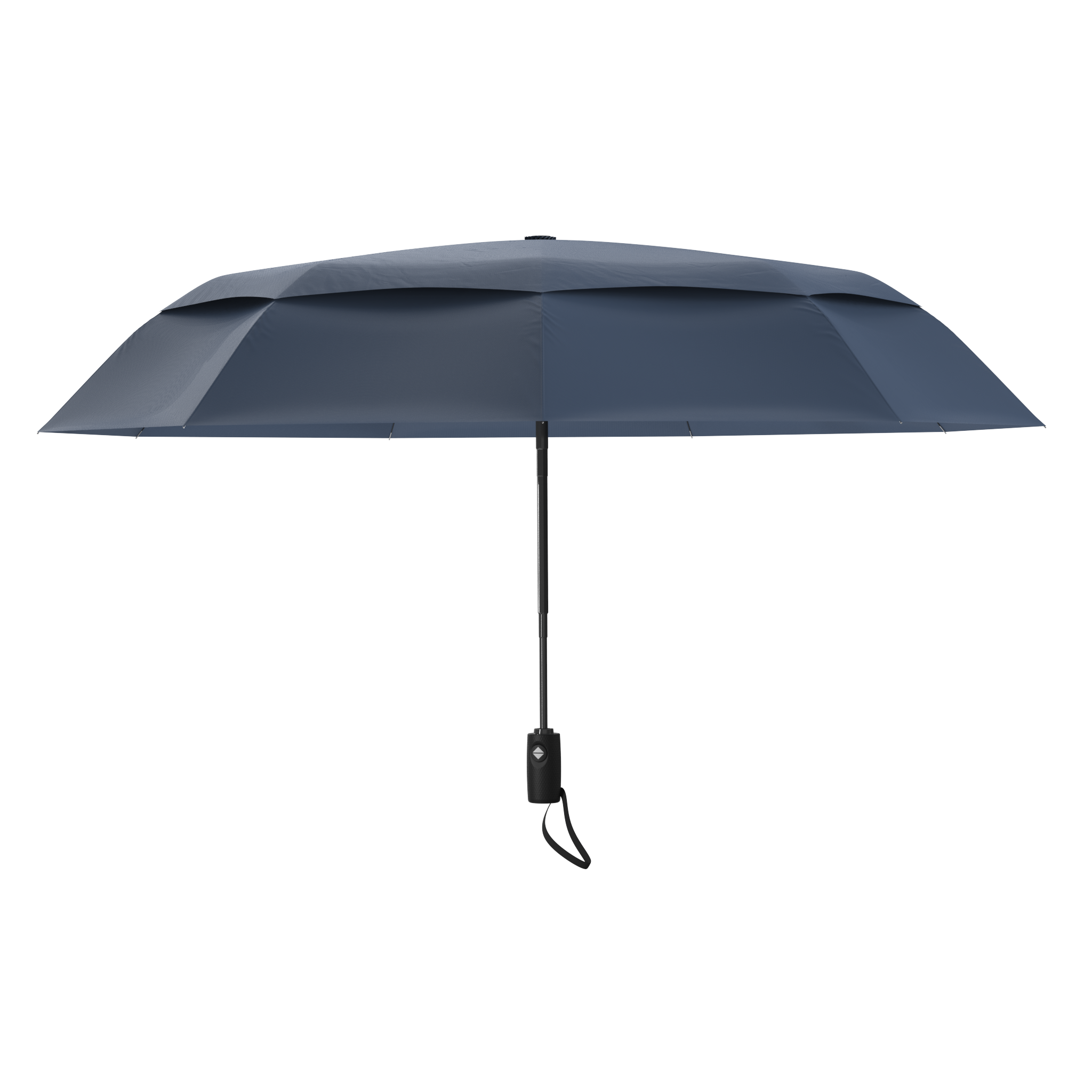 An image of the profile view of a navy blue colored, open travel Repel umbrella.