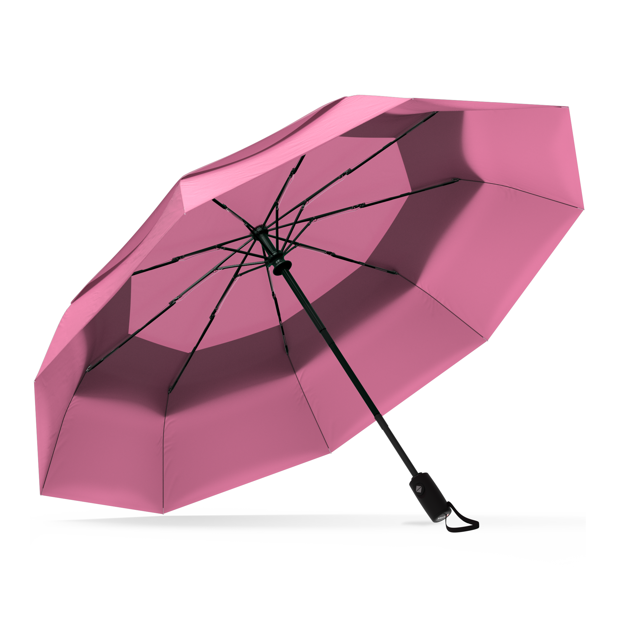 The Pink Top Best-Selling Windproof Compact Travel Umbrella is pictured on it's own, open and leaning to the left.