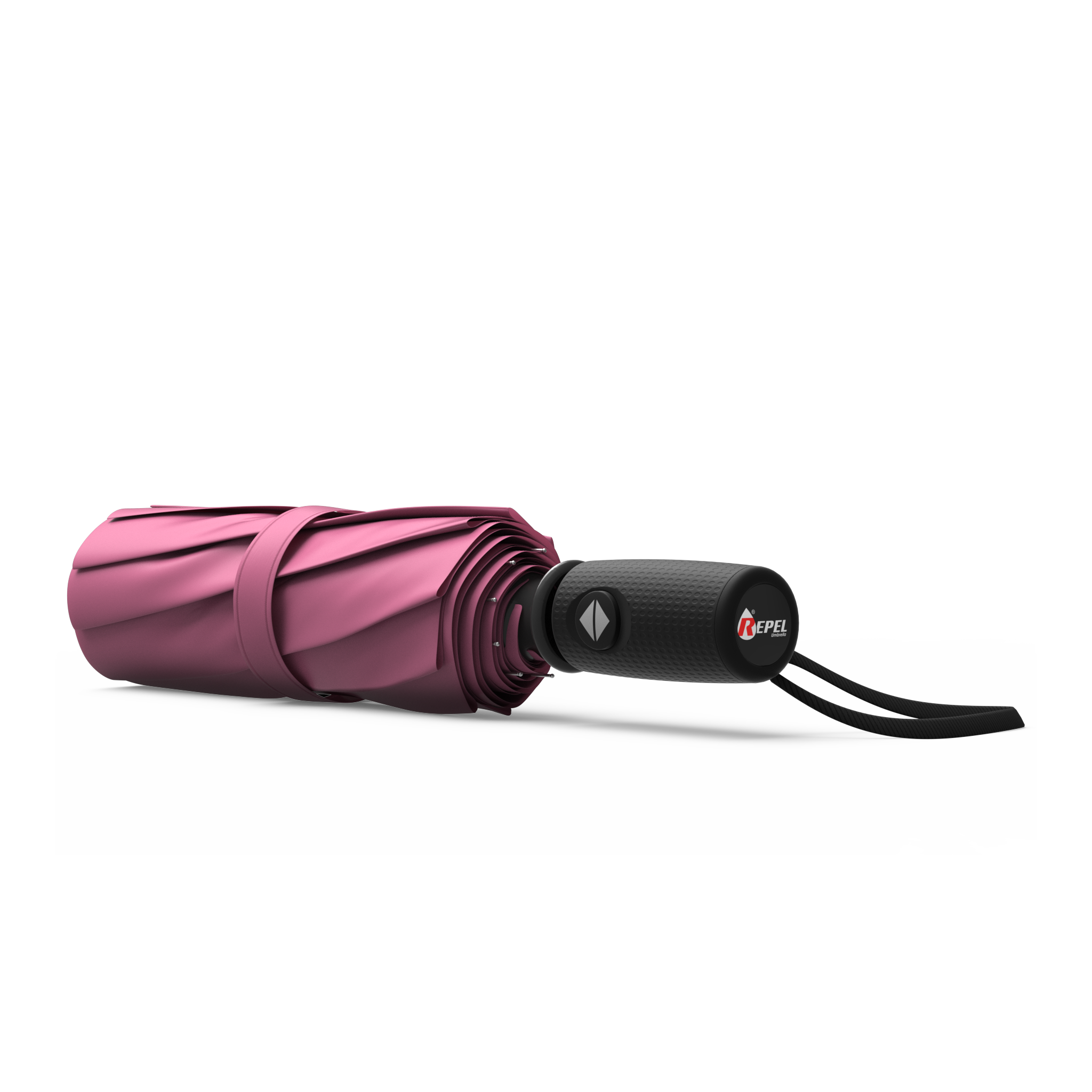 An image of a closed, pink colored travel Repel umbrella. 