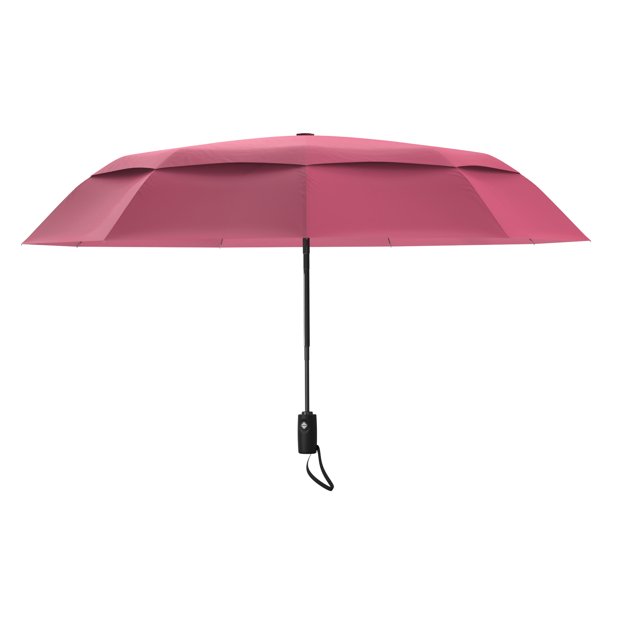 An image of the profile view of a pink colored, open travel Repel umbrella.