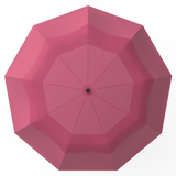 A head on shot of the Pink compact travel umbrella, know for being windproof and automatic with a teflon coated canopy. 