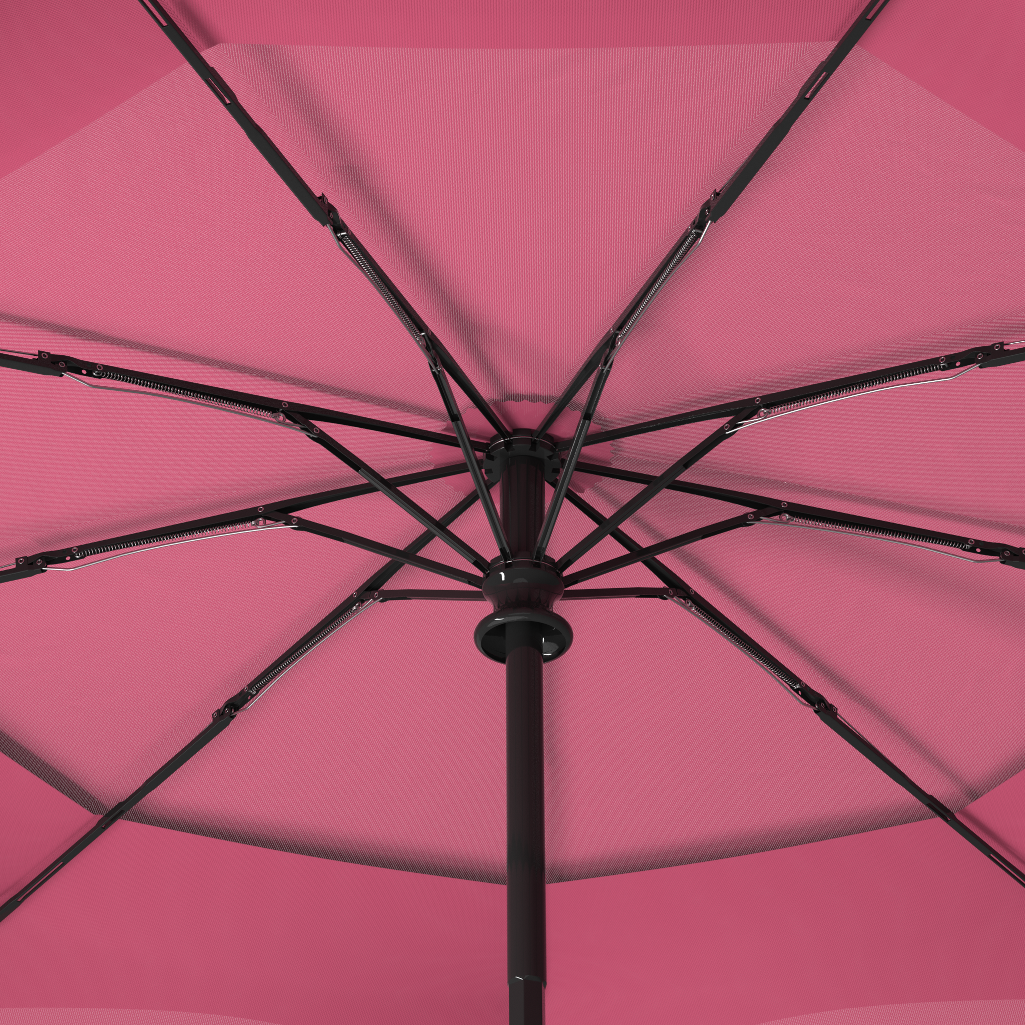 A zoomed in shot of the reinforced fiberglass frame and ribs of the repel windproof automatic and compact best seller umbrella by Repel Umbrella in Pink