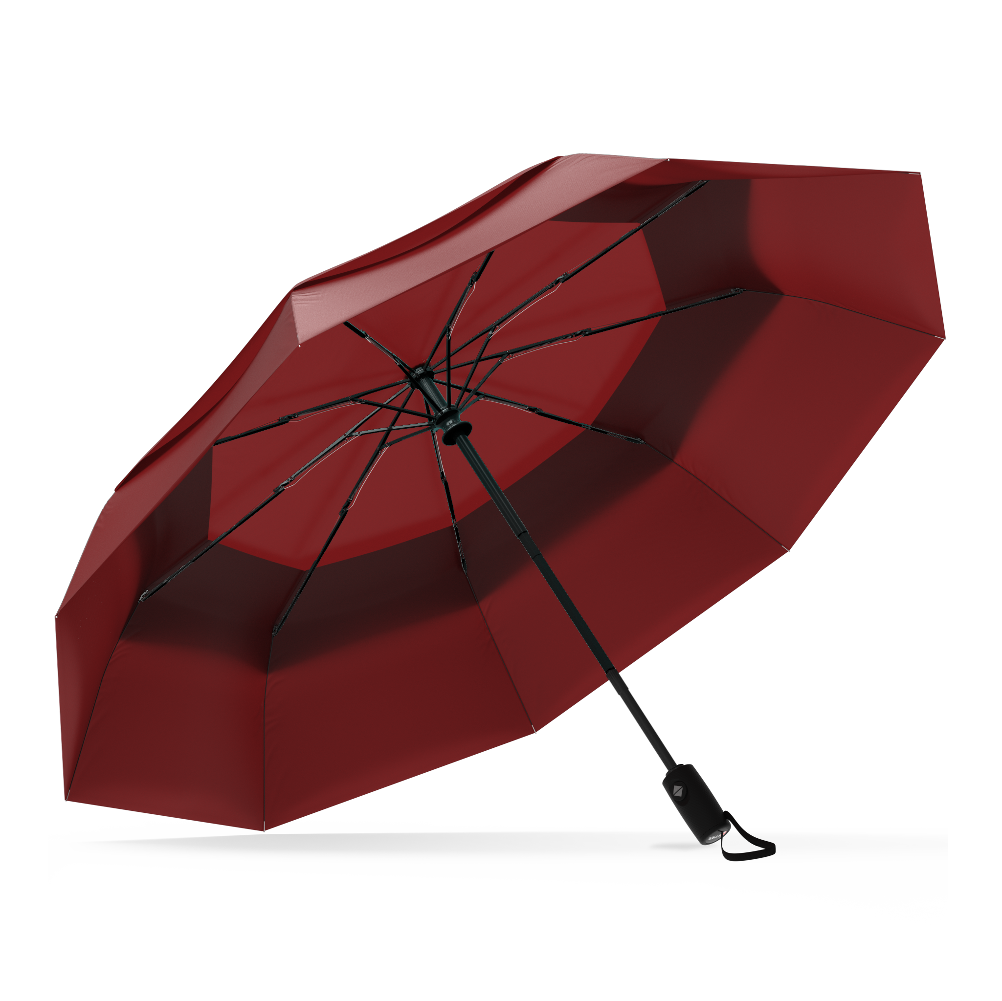 The Red Top Best-Selling Windproof Compact Travel Umbrella is pictured on it's own, open and leaning to the left. 