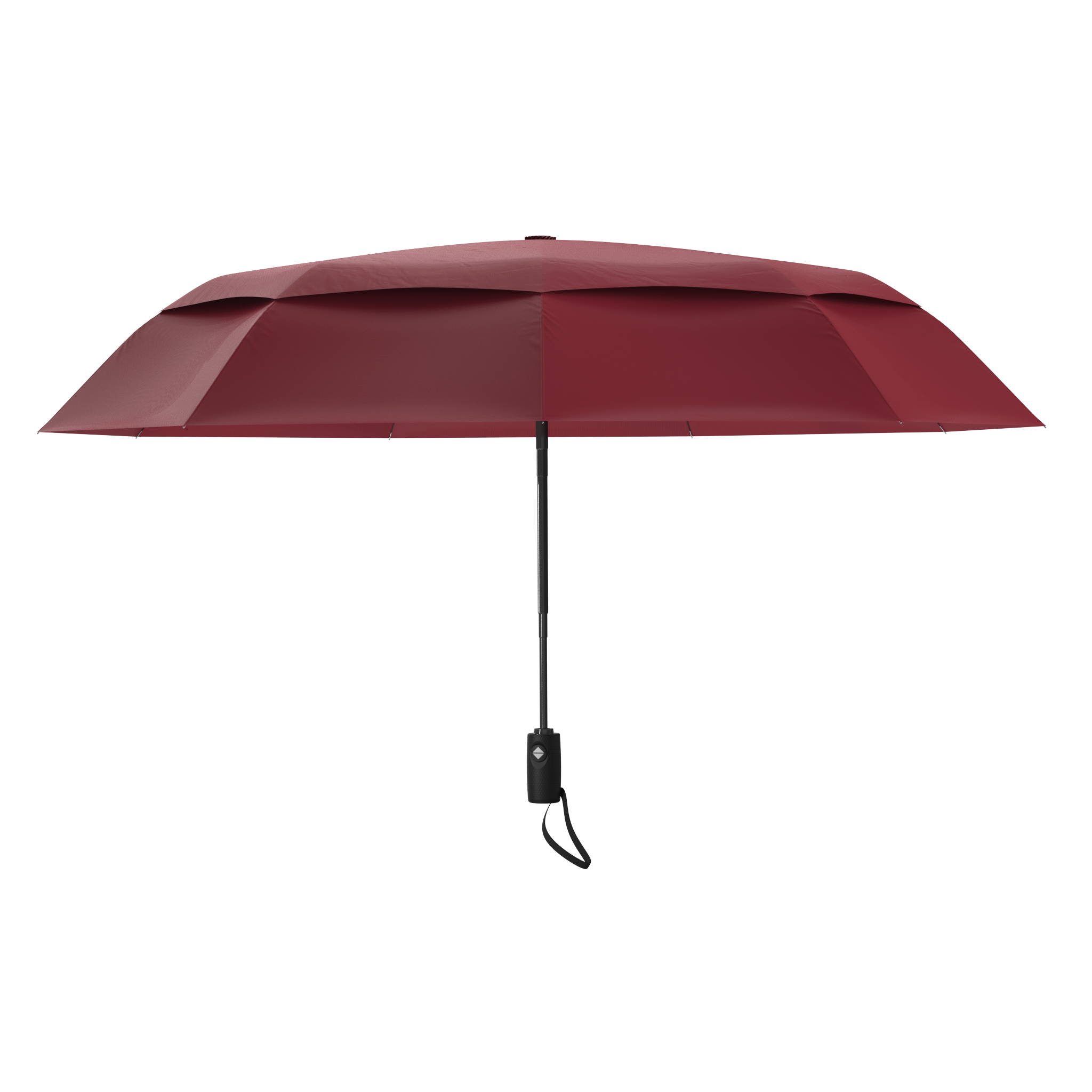 An image of the profile view of a red colored, open travel Repel umbrella.