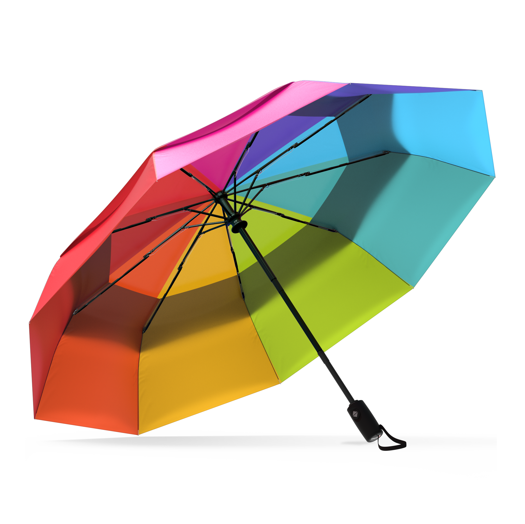 The Rainbow Top Best-Selling Windproof Compact Travel Umbrella is pictured on it's own, open and leaning to the left. 