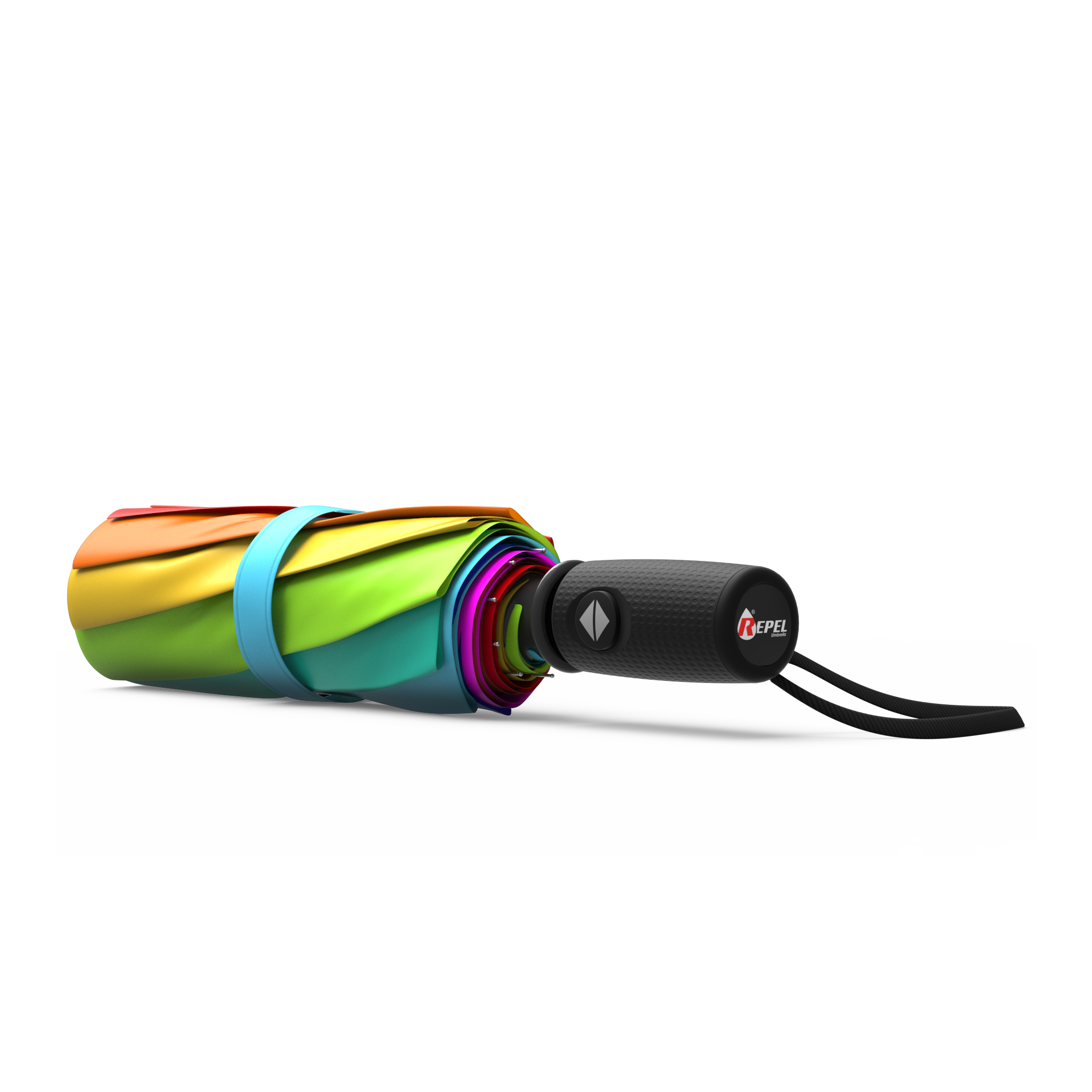 An image of a closed, rainbow colored travel Repel umbrella. 