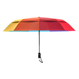 An image of the profile view of a rainbow colored, open travel Repel umbrella.