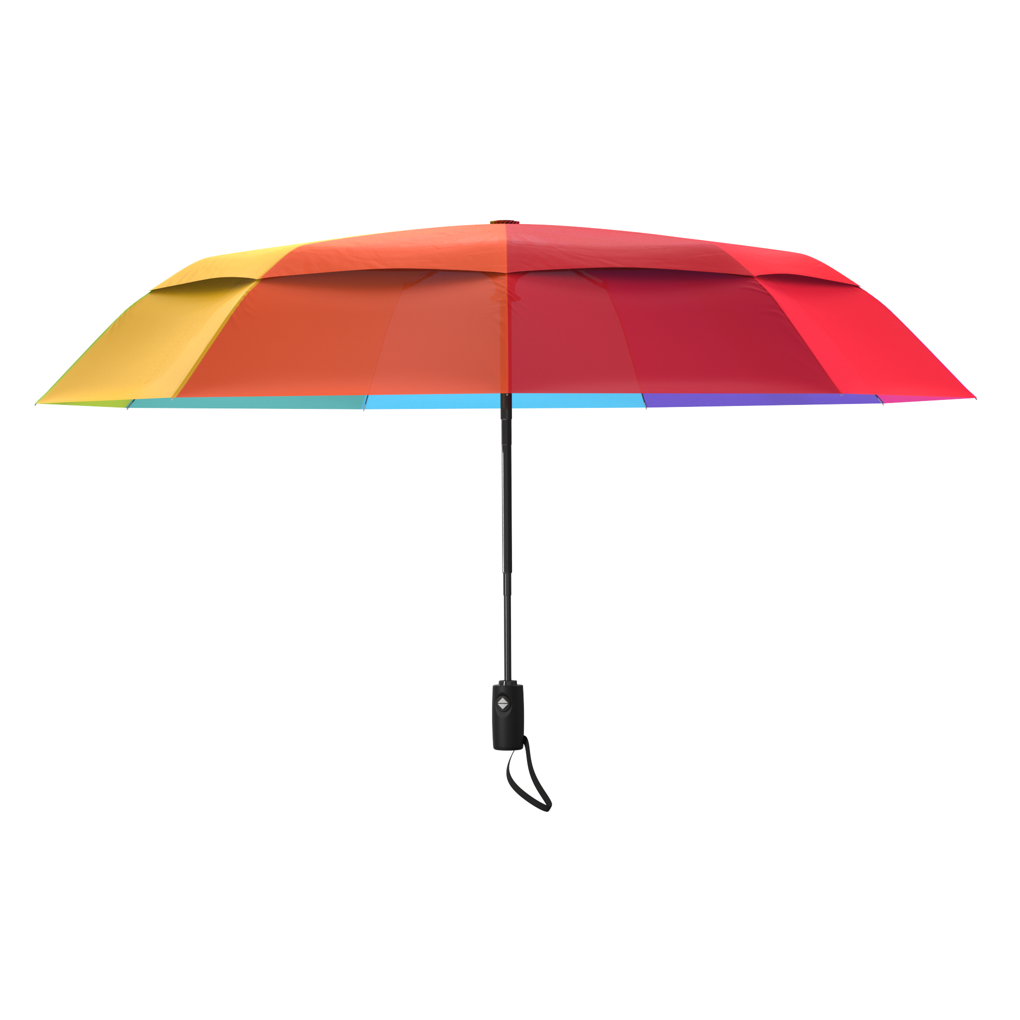 An image of the profile view of a rainbow colored, open travel Repel umbrella.