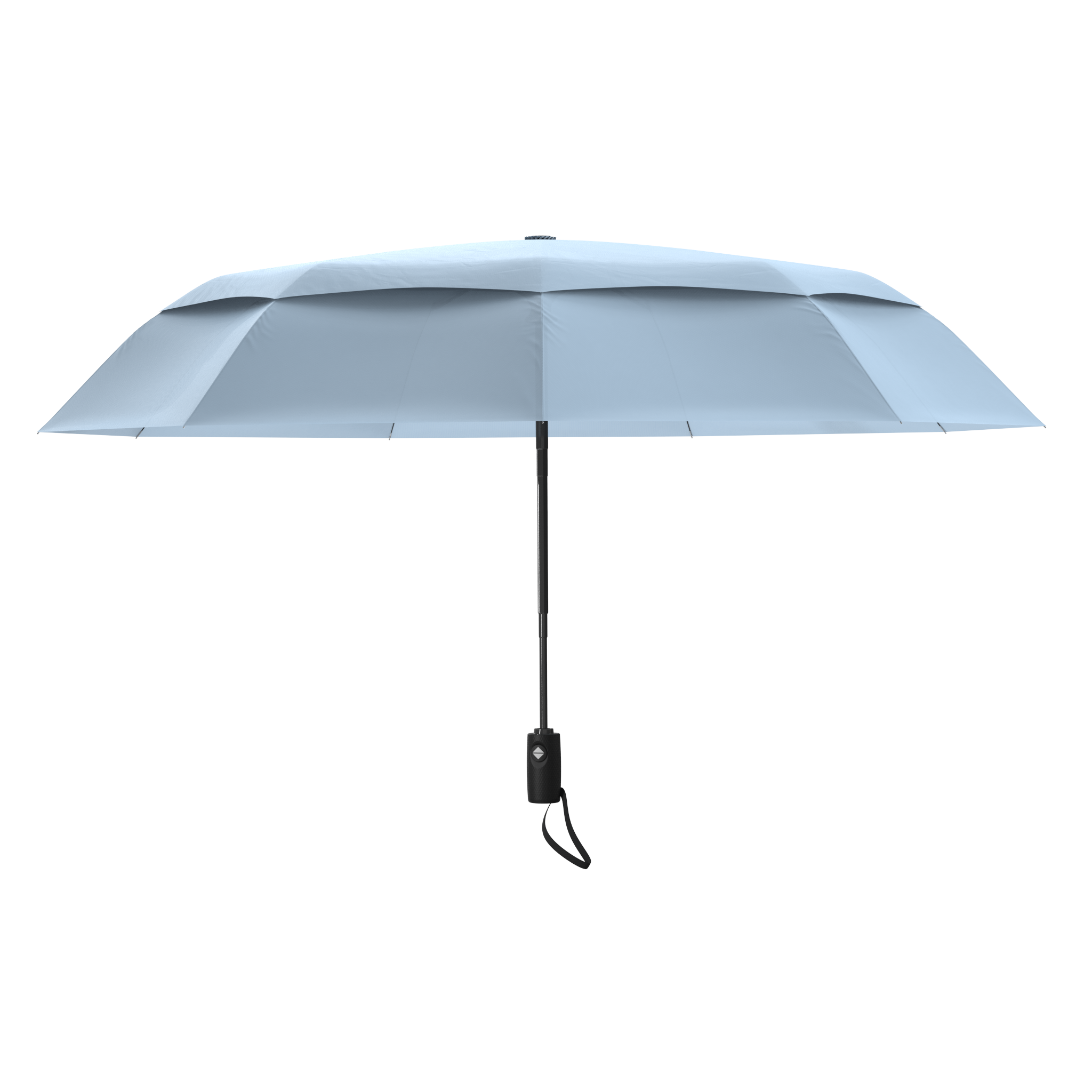 An image of the profile view of a slate blue colored, open travel Repel umbrella.