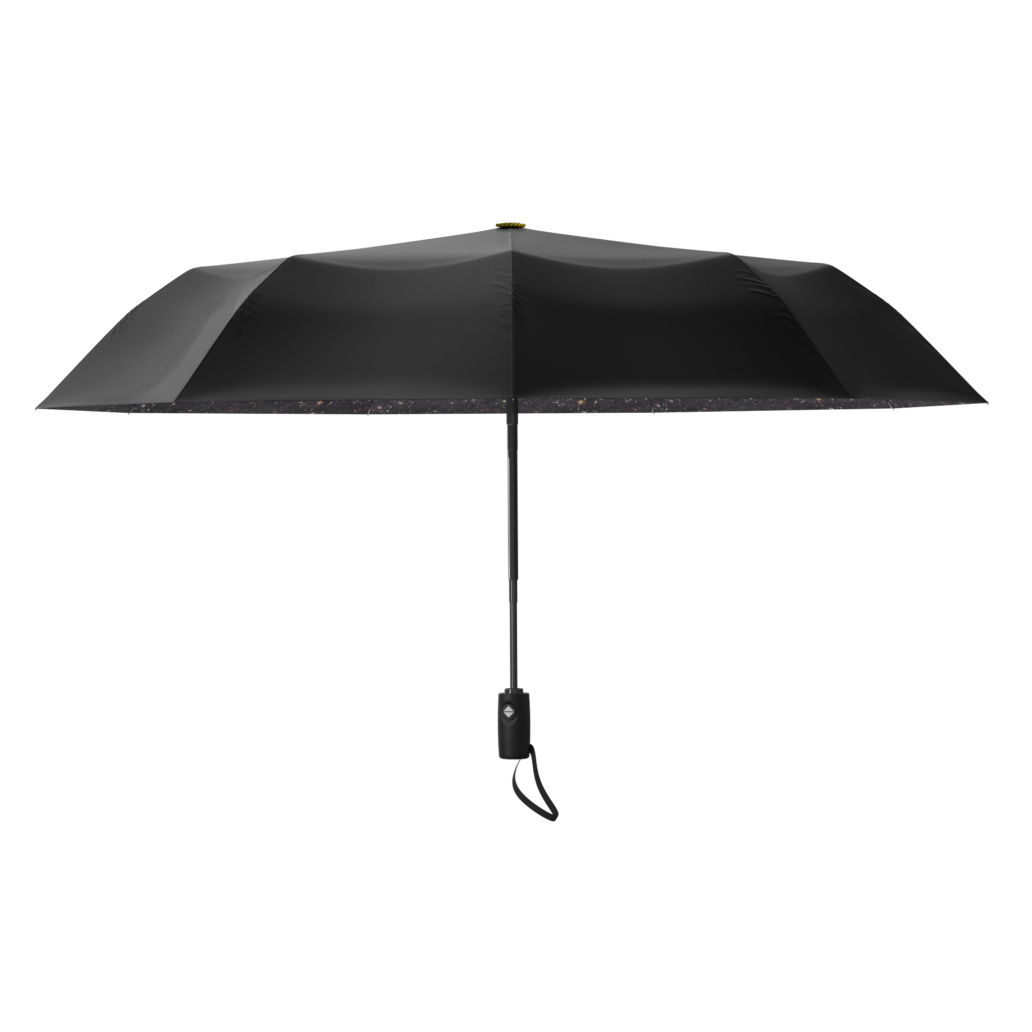 An image of the profile view of a black and starry night colored, open travel Repel umbrella.