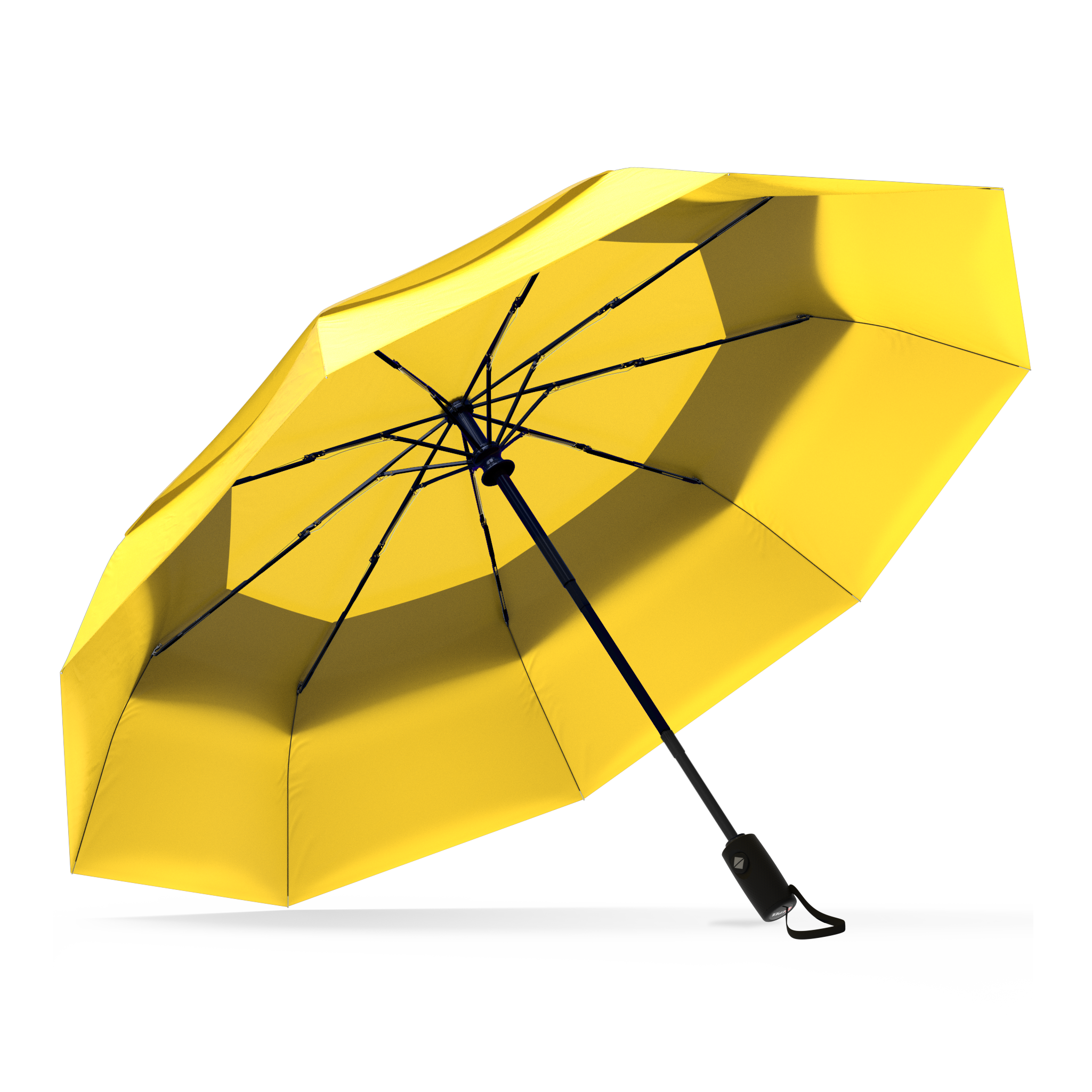 The Yellow Top Best-Selling Windproof Compact Travel Umbrella is pictured on it's own, open and leaning to the left.