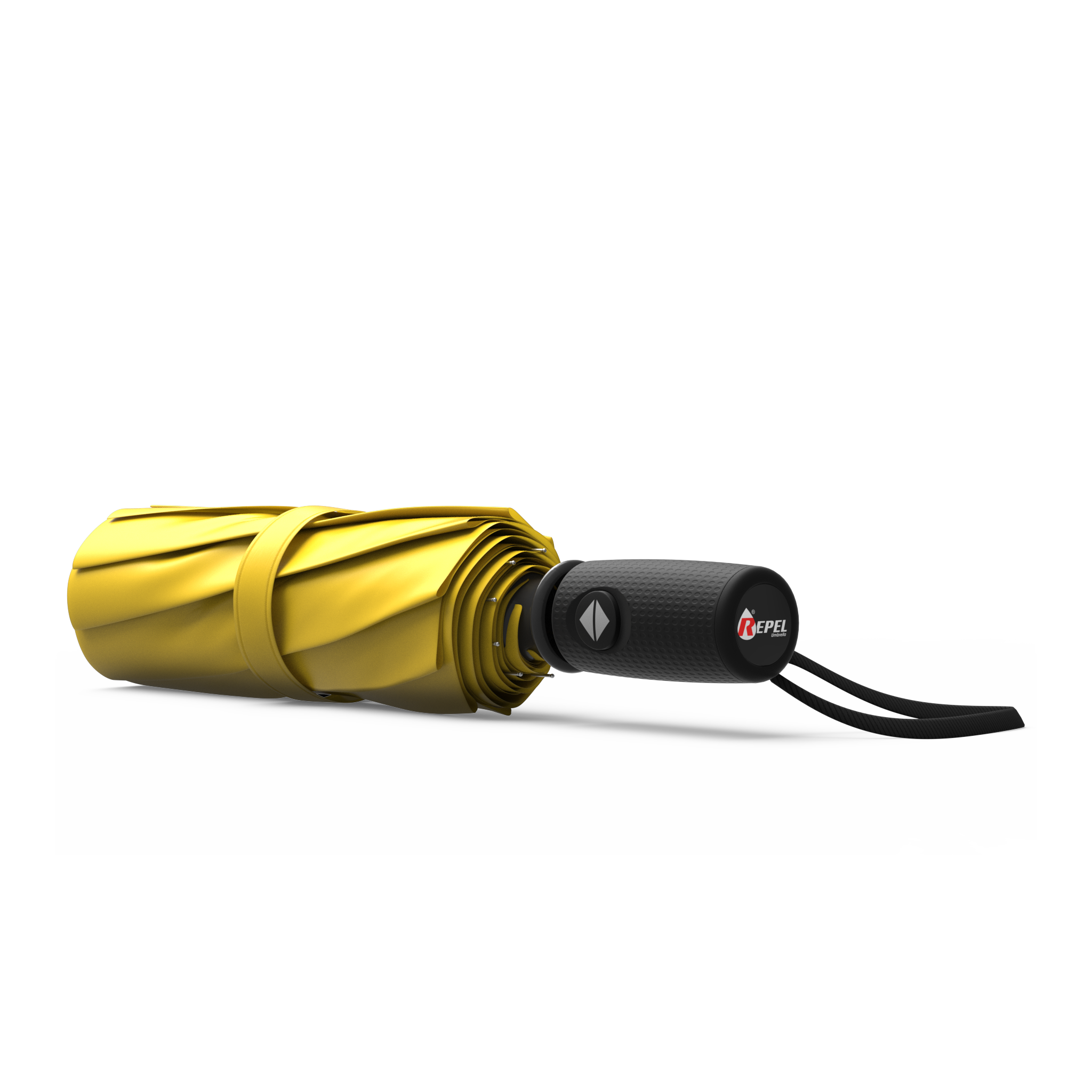 An image of a closed, yellow colored travel Repel umbrella. 