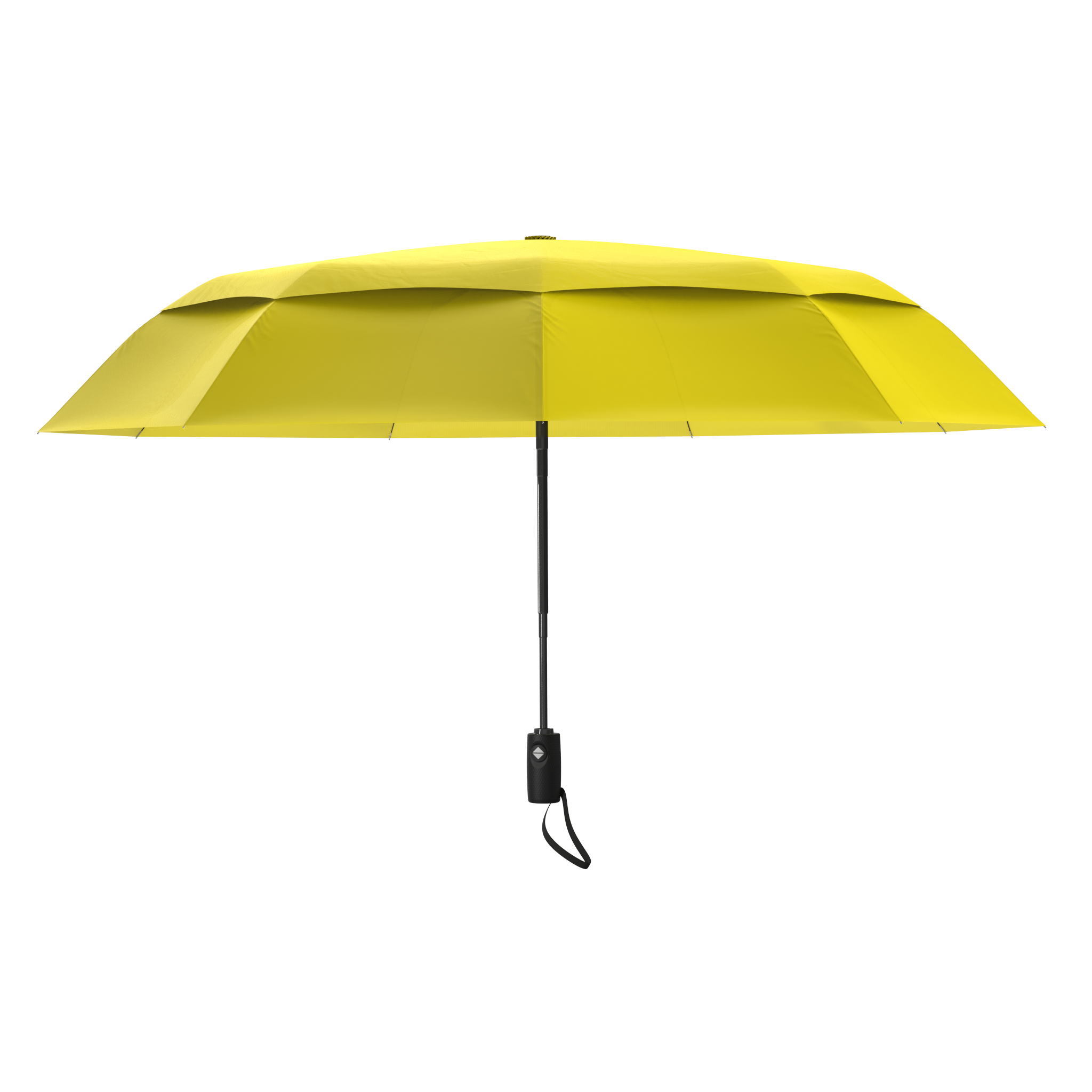 An image of the profile view of a yellow colored, open travel Repel umbrella.