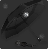 An image of a black umbrella open and one that is closed. There are 4 icons on the image portraying different aspects of the umbrella with the raindrop icon highlighted. 